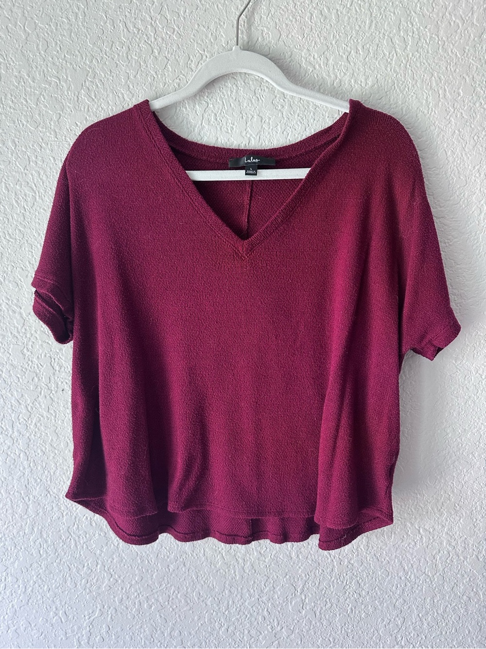 Lulus Burgundy Boxy Knit V Neck Tee Size L Oversized Short Sleeve